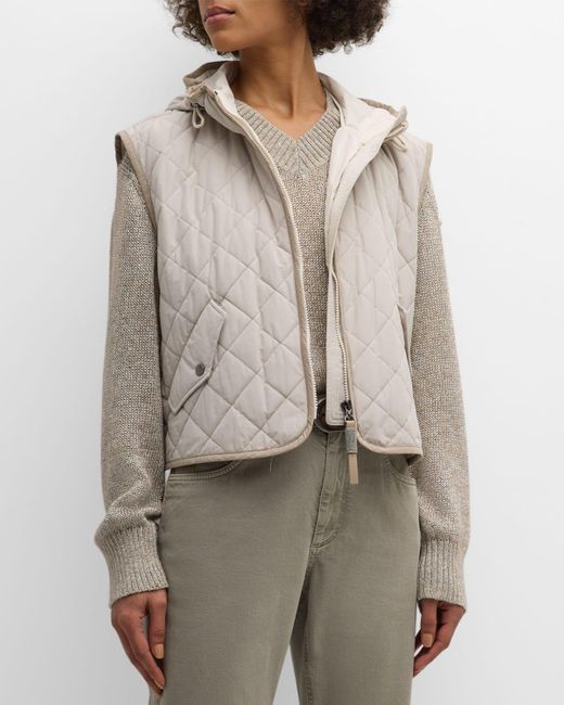 Brunello Cucinelli Gray Monili-tab Hooded Quilted Vest