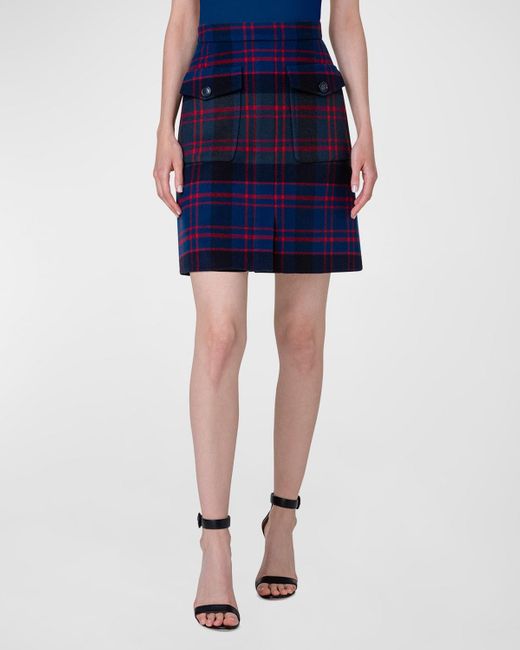 Akris Blue Check Wool-cashmere Slit-front A-line Mini Skirt