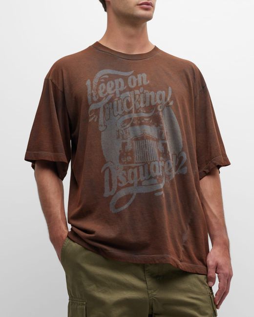 DSquared² Brown Faded Crewneck Graphic Tee for men