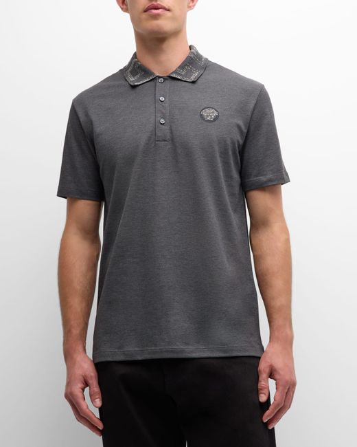Versace Gray Greca-Collar Polo Shirt for men