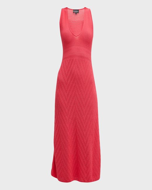 Emporio Armani Red Scoop-neck Chevron Crochet Midi Dress