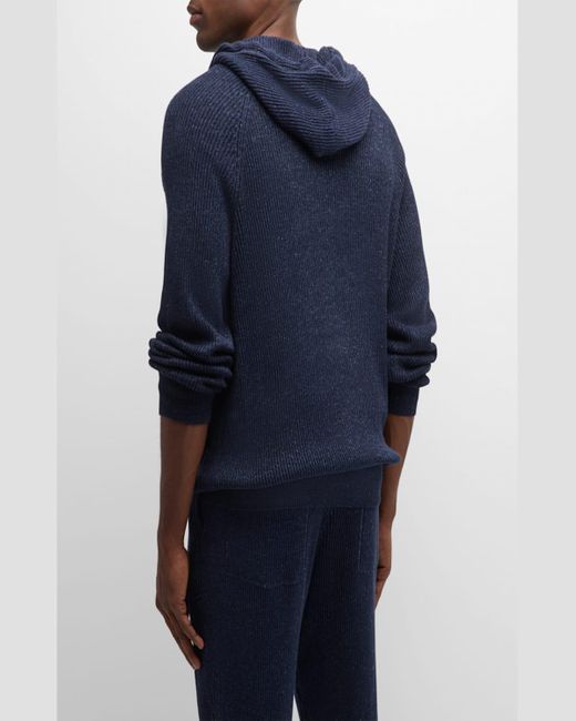 Brunello Cucinelli Blue Ribbed Cotton-Linen Hooded Full-Zip Sweater for men