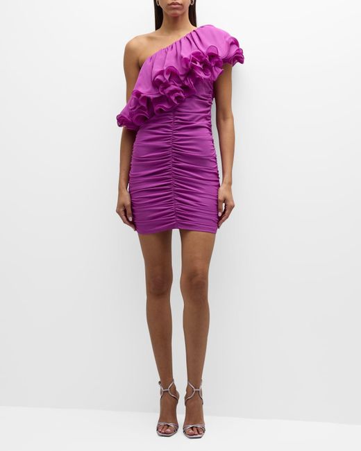 ROTATE BIRGER CHRISTENSEN Purple Chiffon Asymmetric Frill Ruched Mini Dress