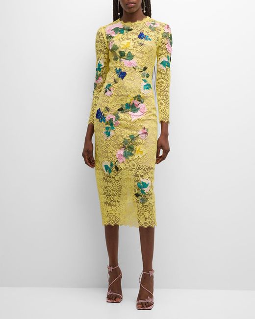 Monique Lhuillier Yellow Floral Embroidered Lace Sheath Midi Dress