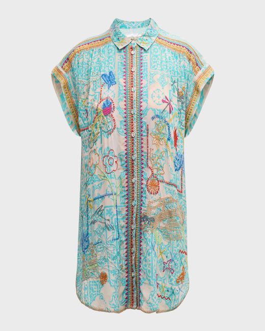 Johnny Was Blue Dionne Embroidered Floral-Print Blouse