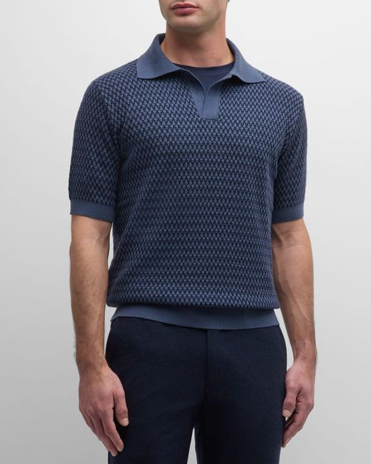 Isaia Blue Jacquard Polo Sweater for men