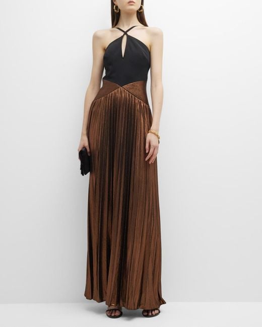 Dress the Population Brown Tuuli Pleated Cutout Halter Gown