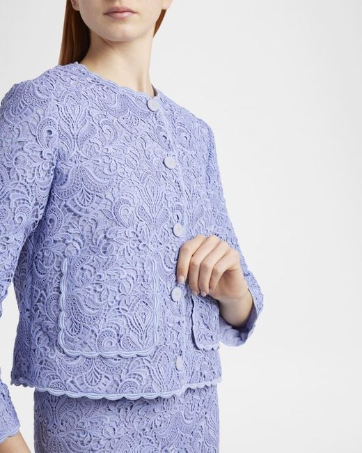 Etro Blue Lace Single-Breasted Crop Jacket