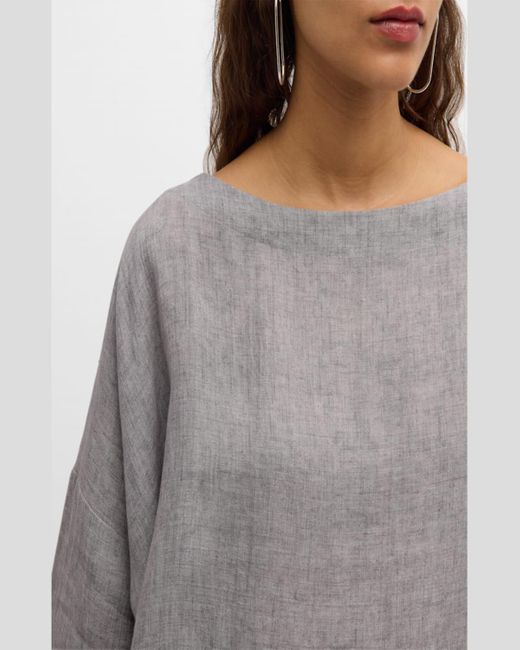 Eskandar Gray Scoop Neck Three-Quarter Sleeve Top With Hem Bands (Long Length)