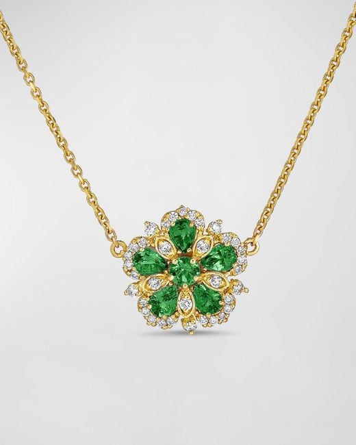 Tanya Farah Metallic 18k Yellow Gold Emerald And Diamond Flower Necklace