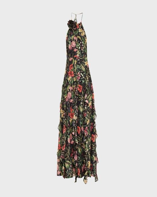 Ramy Brook Multicolor Idella Metallic Floral-Print Ruffle Halter Gown
