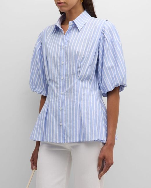 Finley Blue Julie Blouson-Sleeve Striped Cotton Dobby Shirt