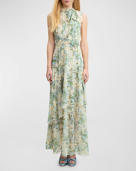 L.K.Bennett Green Robyn Metallic Floral-Print Tie-Neck Maxi Dress