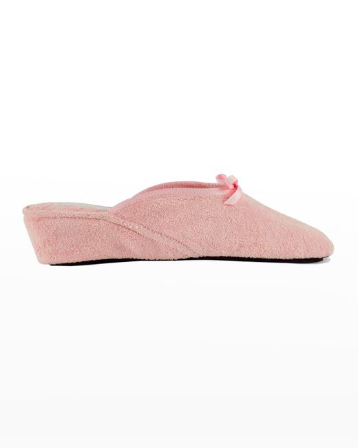 Jacques Levine Pink Terrycloth Wedge Slippers W/ Bow