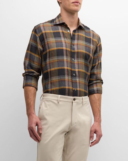 Baldassari Brown Linen Plaid Casual Button-Down Shirt for men