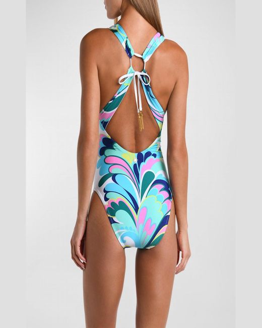 Sunshine 79 Blue Far Out Feather V-Plunge One-Piece Swimsuit