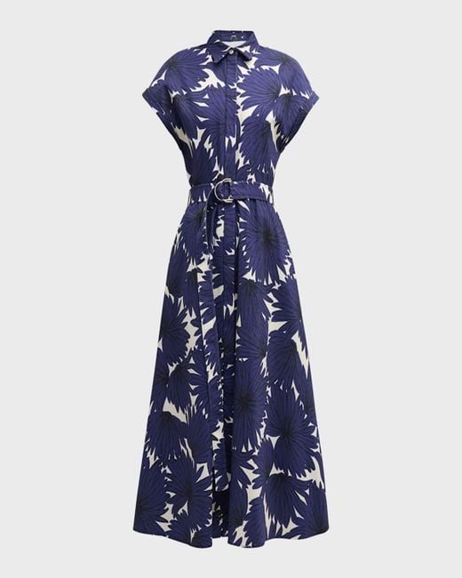 Mantu Blue Belted Floral-Print Midi Shirtdress