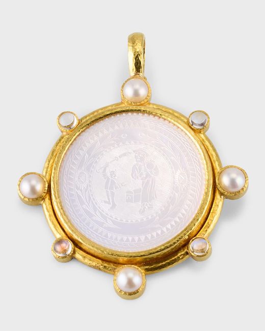 Elizabeth Locke Metallic 18th Century 35mm Gambling Counter Pendant With Pearls And Moonstone