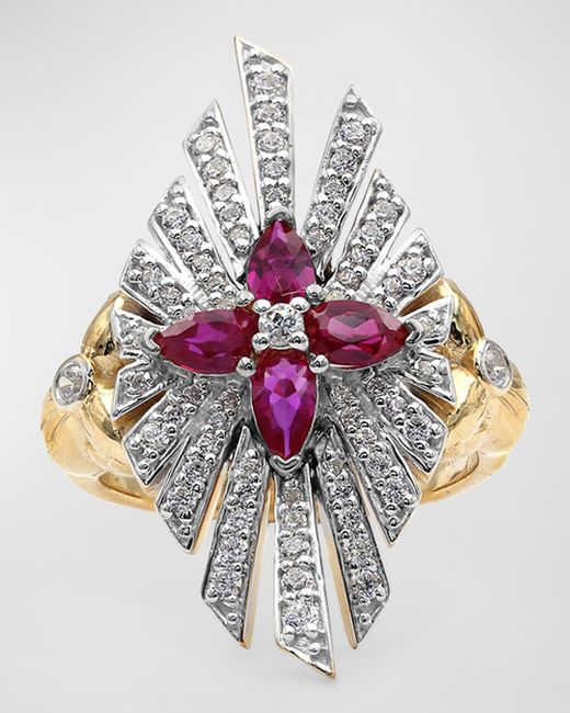 Stephen Dweck Metallic Ruby And Diamond Flower Statement Ring, Size 7