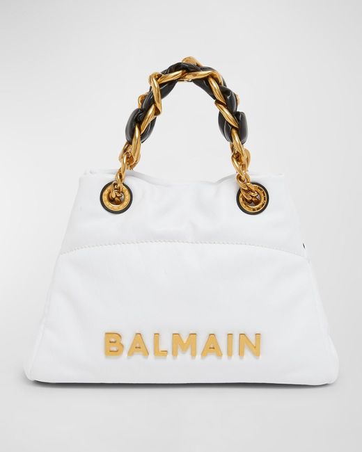 Balmain White 1945 Soft Small Cabas Tote Bag In Embossed Leather