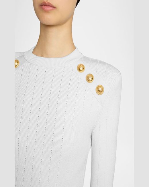 Balmain Black Button Strong-Shoulder Pointelle Rib Knit Sweater
