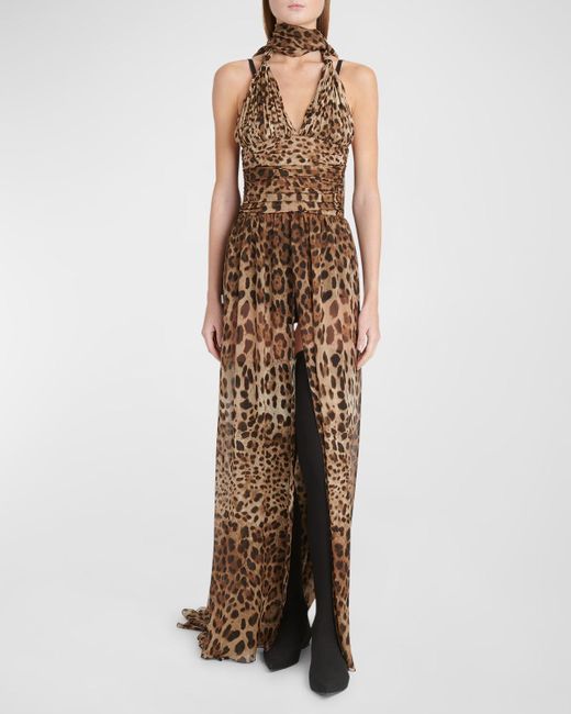 Dolce & Gabbana Natural Plunging Leopard-Print Chiffon Scarf-Neck Gown