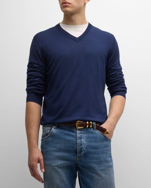 Brunello Cucinelli Blue Wool-Cashmere V-Neck Sweater for men