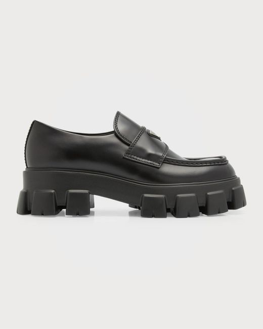 Prada Black Monolith Lug-sole Brushed Leather Loafers for men