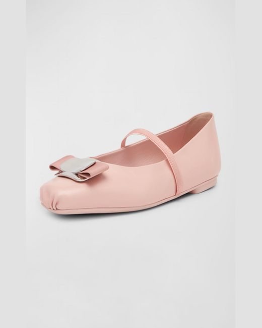Ferragamo Pink Zina Leather Bow Mary Jane Ballerina Flats
