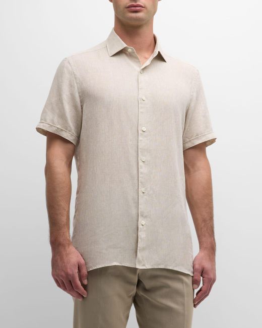 Zegna White Short-sleeve Linen Button-down Shirt for men