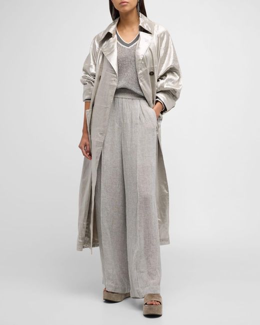 Brunello Cucinelli Gray Metallic Linen Double-breasted Long Trench Coat
