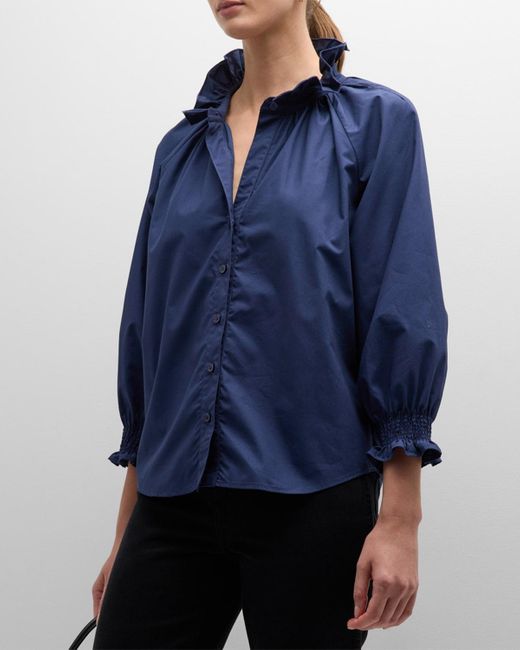 Finley Blue Fiona Ruched Ruffle-trim Poplin Shirt
