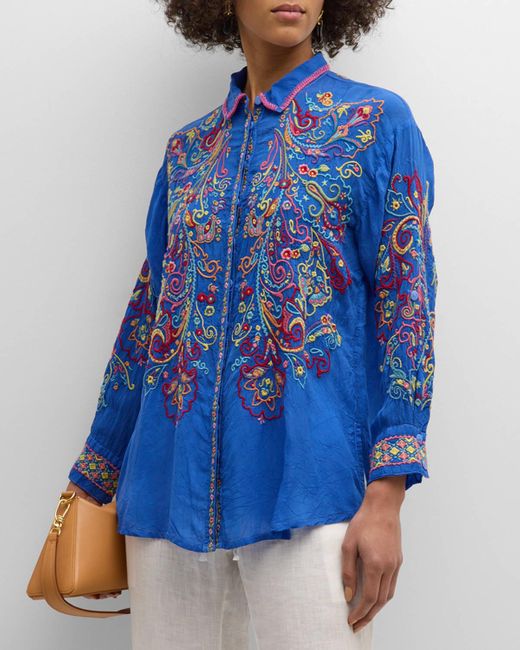 Johnny Was Blue Cachemire Floral-Embroidered Button-Down Tunic