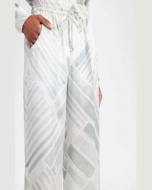 Kiton White Abstract-Print Silk Wide-Leg Drawstring Trousers