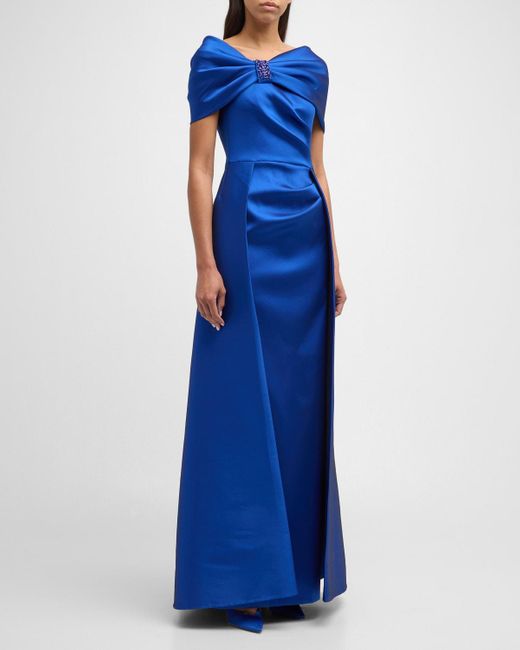 Teri Jon Blue Pleated Off-Shoulder Jewel-Embellished Gown