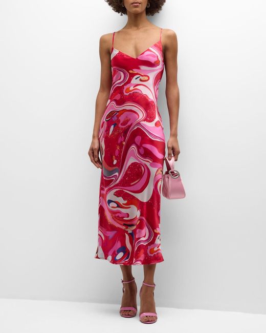 L'Agence Red Multi Tie-dye Swirl Seridie Silk Slip Dress
