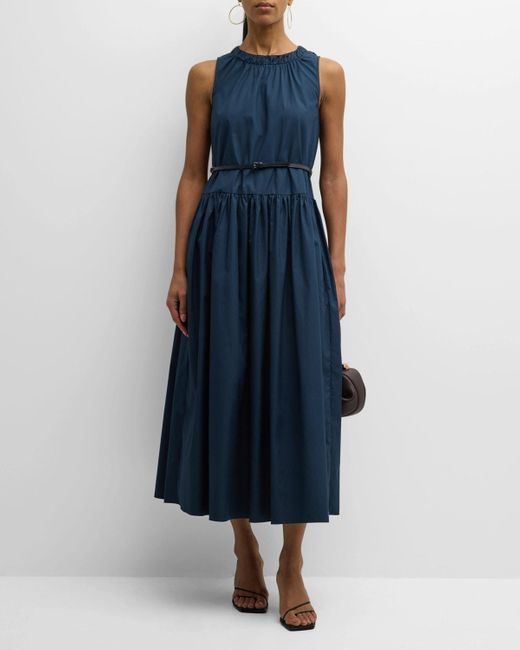 Max Mara Blue Teresa Belted Drop-Waist Sleeveless Midi Dress