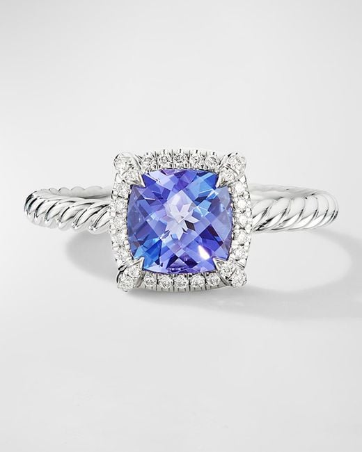 David Yurman Blue Petite Chatelaine Ring With Gemstone And Diamonds In 18k White Gold, 7mm