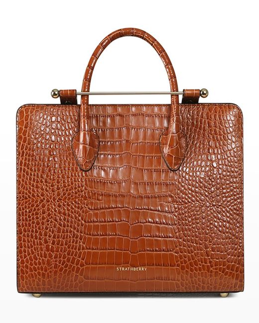 Strathberry Midi Metal Bar Croc-embossed Leather Tote Bag in Brown | Lyst