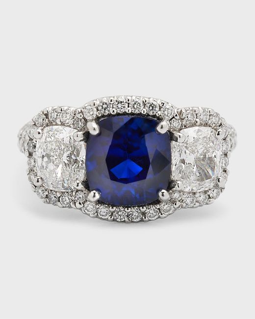 Bayco Platinum Cushion Blue Sapphire And 186 F/vvs1-vs Diamond Ring, Size 7.5