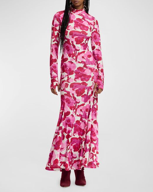 Essentiel Antwerp Flustered Floral-Print Jersey Mock-Neck Maxi Dress