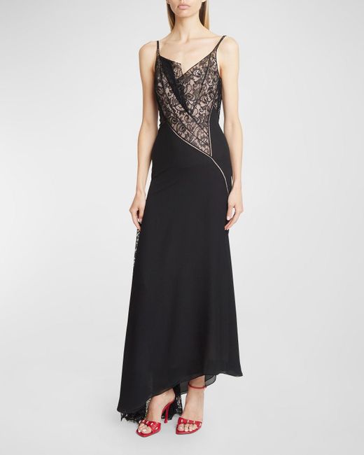 Givenchy Black Asymmetric Cowl Gown With Lace Detail