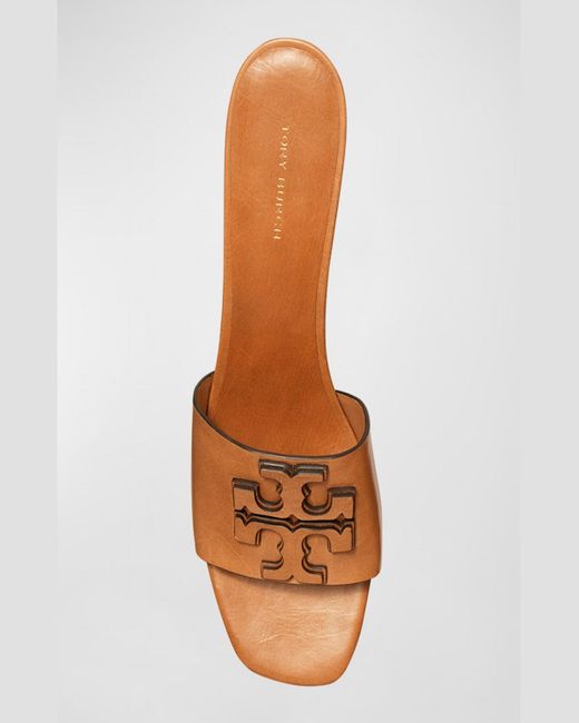 Tory Burch Brown Ines Leather Logo Mule Sandals