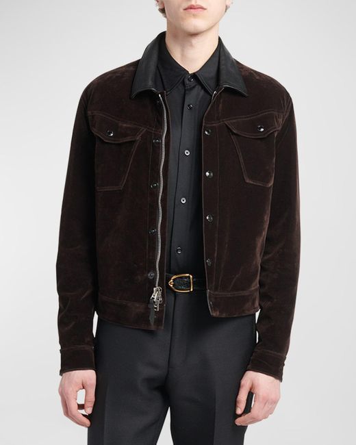Tom Ford Black Flocked Denim Western Jacket With Leather Collar for men