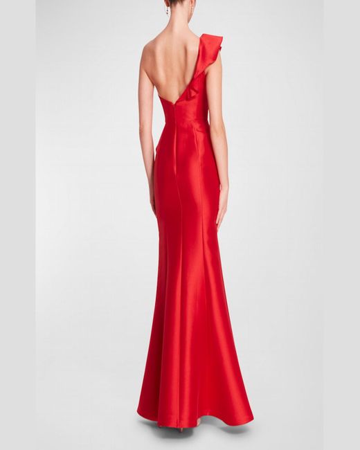 Marchesa Red One-Shoulder Ruffle Trumpet Gown