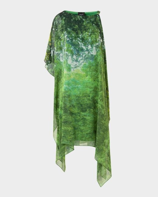 Akris Green Tree-Print Off-The-Shoulder Silk Chiffon Dress