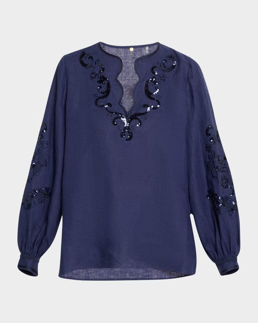 Kobi Halperin Blue Soraya Sequin Embroidered Linen Blouse