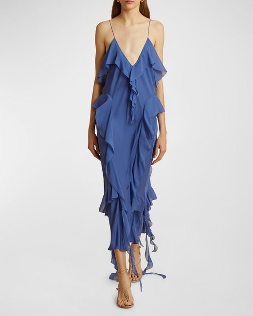 Khaite Blue Pim Cascading-Ruffles Sleeveless Maxi Dress