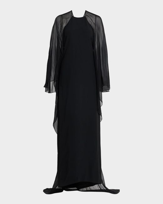 Alberta Ferretti Black Long-Sleeve Chiffon Cape Backless Maxi Dress