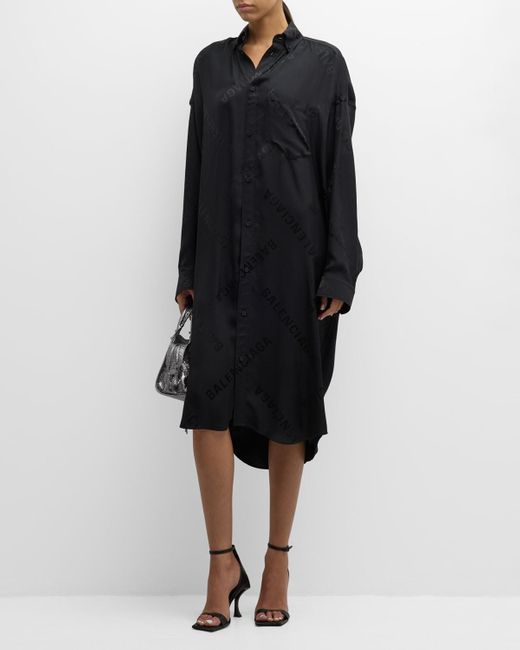 Balenciaga Black Allover Diagonal Logo Jacquard Long-sleeve Midi Shirtdress